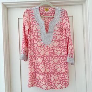 Roberta Roller Rabbit Tunic Blouse Swim Coverup Pink Print Embroidery XS